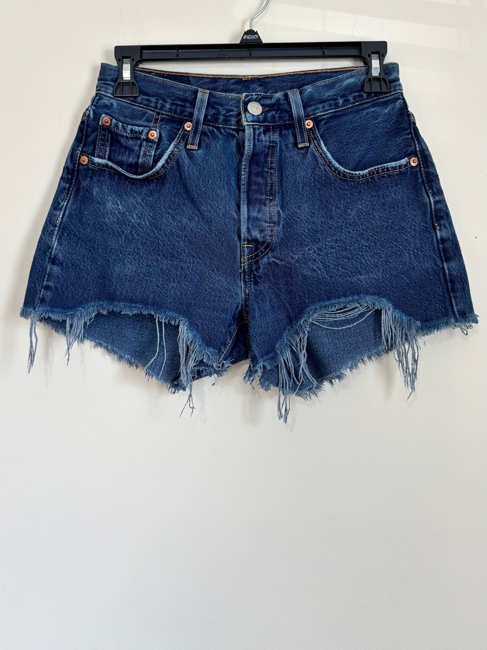 Levi's 501 Original High Rise Cut Off Raw Hem Dark Indigo Denim Cowgirl Short 25